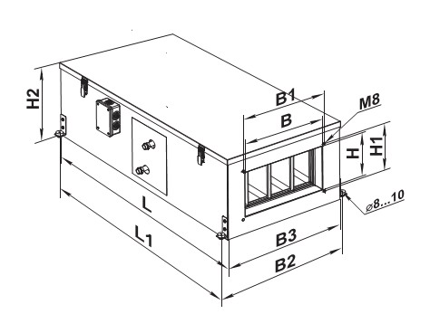 Креслення і габаритні розміри установки з водяним нагрівачем